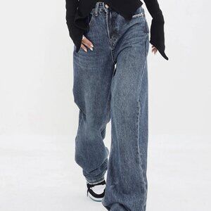 Commense Patchwork Pockets Denim Wide Leg Boyfriend Jeans